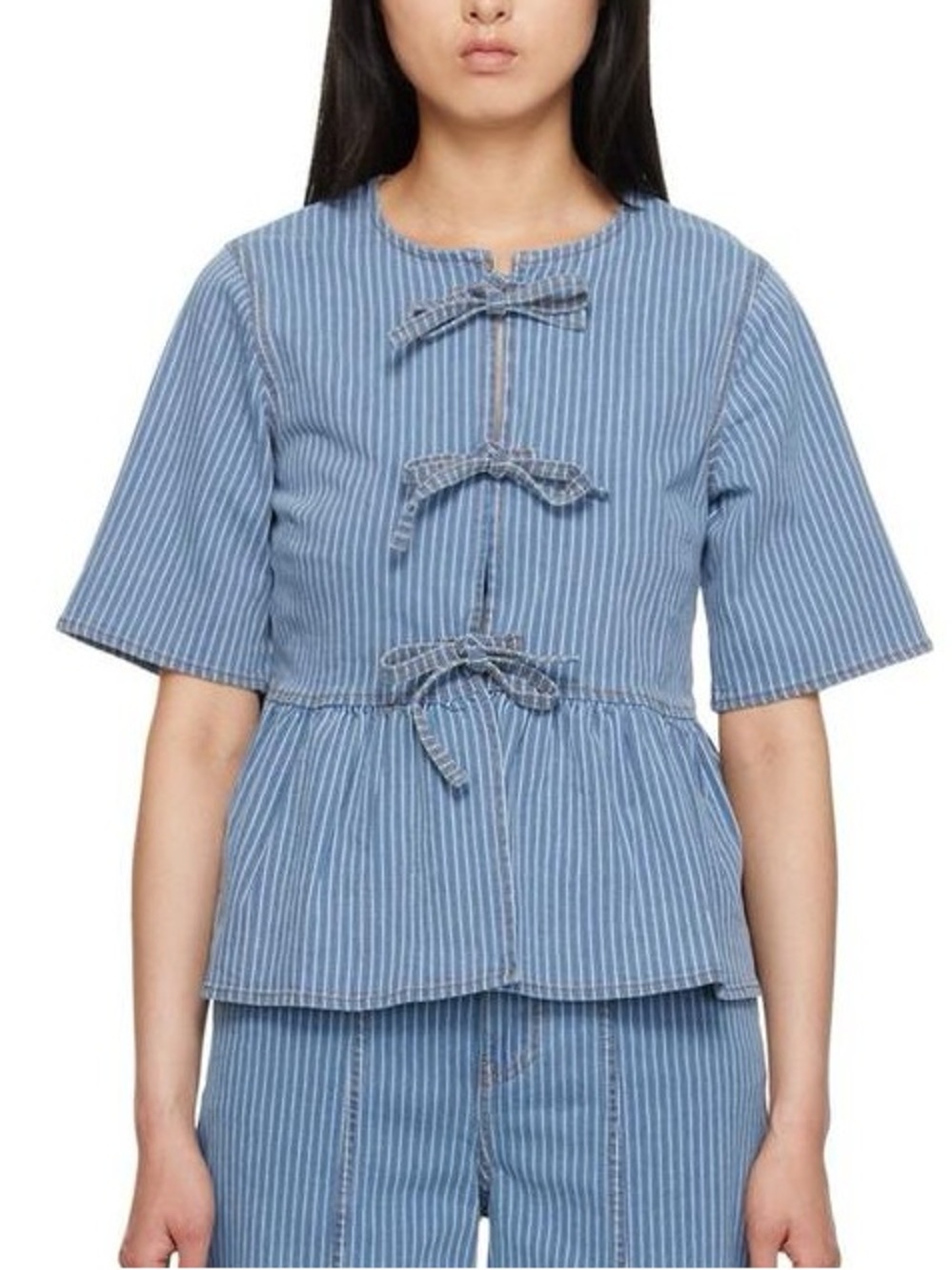 GANNI Blue Pinstripe Denim Bow Tie Peplum Blouse Organic Cotton EU 34 US 2 XS
